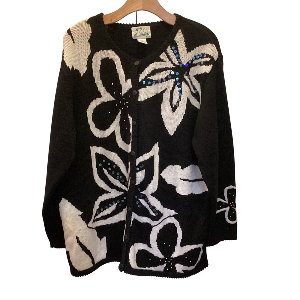 Quacker Factory Womens 1X Black White Floral Sequin Cardigan Sweater Knit Top